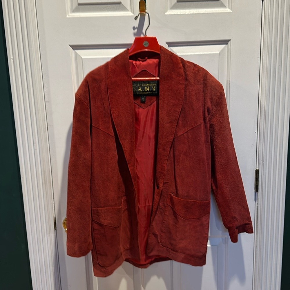 Vintage D.A.N.Y. (Direct Action New York) red leather/ suede coat with lapels.